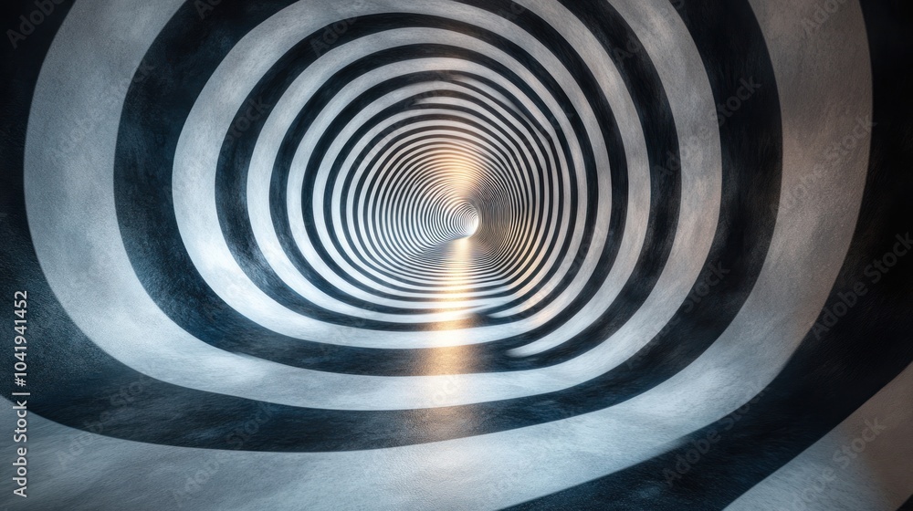 Poster a surreal tunnel with spiraling patterns and light at the end.