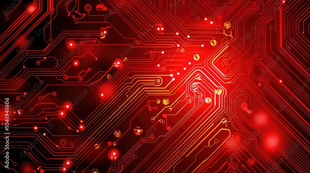 Poster abstract red digital circuit board design with glowing elements.