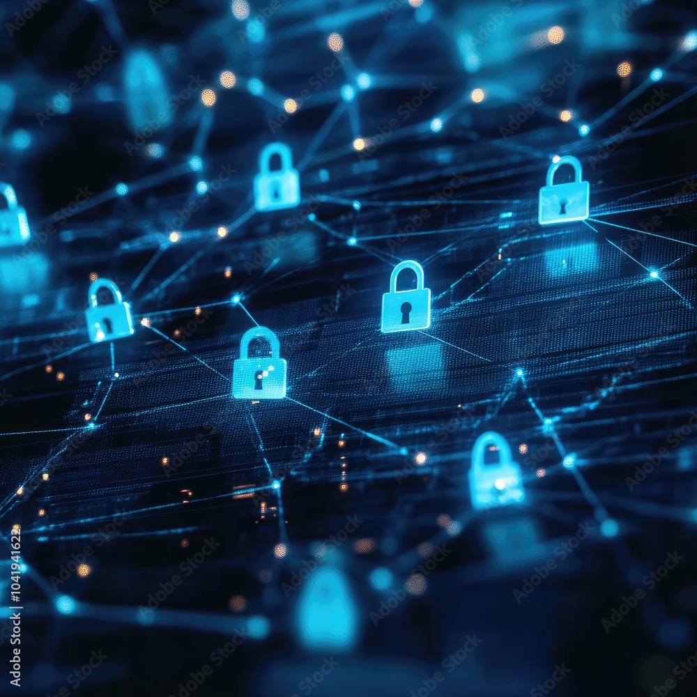 Aufkleber abstract digital network with glowing locks, symbolizing cybersecurity and online protection in tech