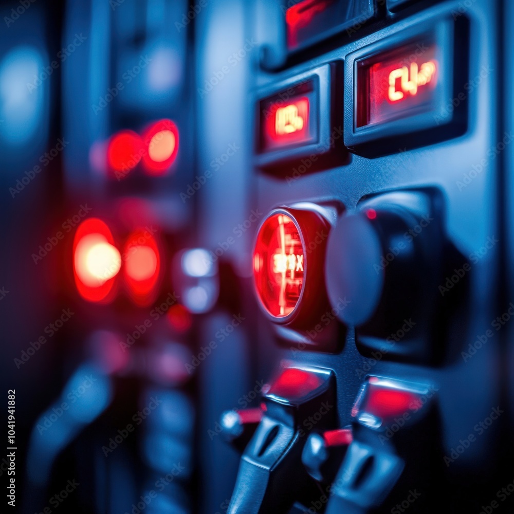 Poster illuminated control panel with red lights and dials in a high-tech environment