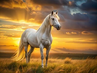 Obraz premium Majestic White Horse in Hazy Field Under Golden Sky - Stunning Nature Photography