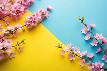 Fototapeta premium Delicate cherry blossoms on blue and yellow background aerial view