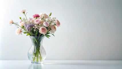 Delicate crystal vase with pastel flowers on white background