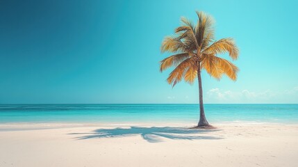 Obraz premium Lone palm tree on a beach with a clear blue sky