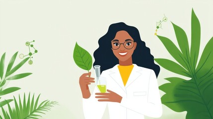 Scientist with Leaf and Beaker in Green Environment
