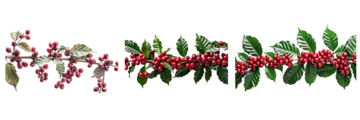 Ripe coffee cherries, vibrant red, glossy leaves, sequential growth stages, white background, botanical focus. Isolated on white background
