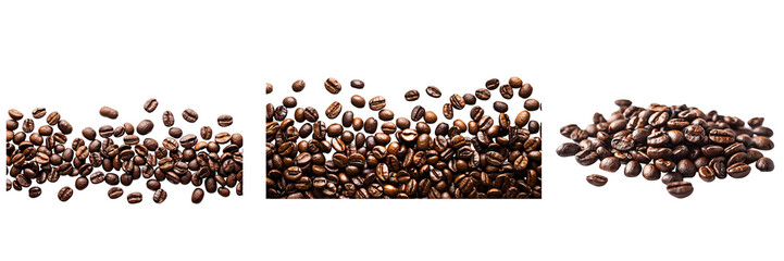 Coffee Beans Variety, scattered arrangement, diverse roast shades Isolated on white background