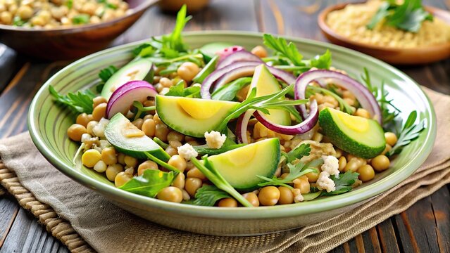 Fresh and colorful racy salad with chickpea, arugula, pearl barley, onion, and avocado