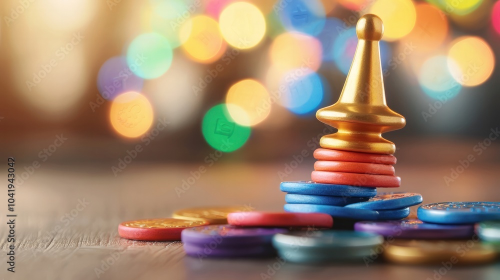 Poster colorful game pieces stacked neatly on a wooden surface with a bright bokeh background