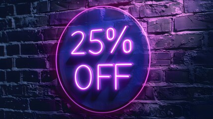Purple Neon '25% OFF' Sign on a Brick Wall