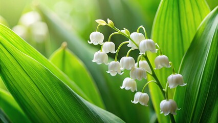 Delicate lily of the valley flowers with bell shaped white blooms nestled among lush green leaves