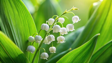 Delicate lily of the valley flowers with white bell shaped blooms nestled among lush green leaves