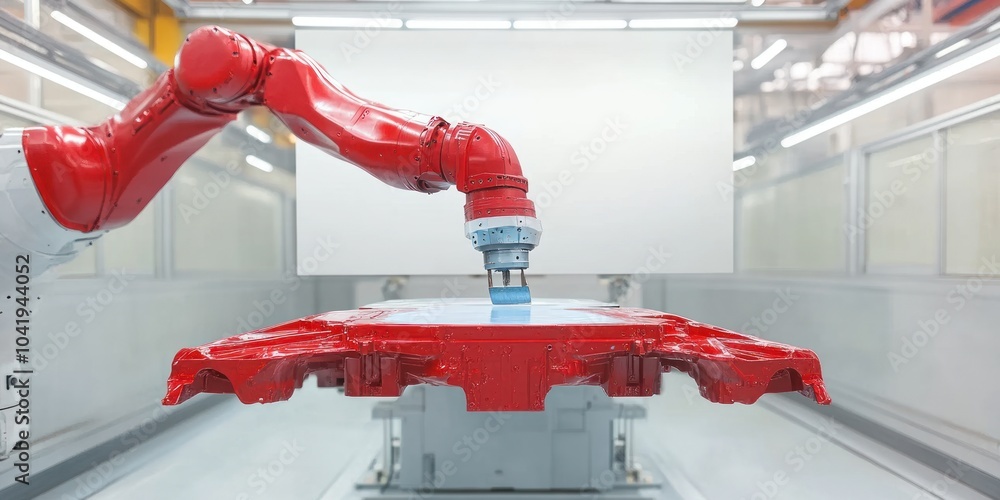 Poster a robotic arm handling a red automotive part in a manufacturing setting.