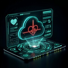 Fototapeta premium Medicine and cloud technologies. A digital cloud with a heartbeat line symbolizes secure cloud storage for patient data in healthcare. Holographic display concept