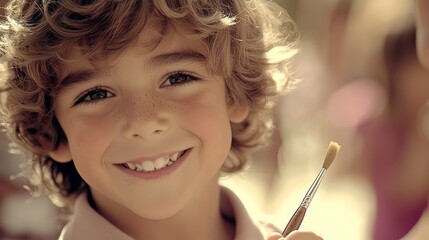 Obraz premium Smiling young boy with curly hair holding a paintbrush, ready for artistic fun.