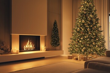 A cozy living room with a modern fireplace, a tall Christmas tree with neutral-colored ornaments, and soft, ambient lighting. 