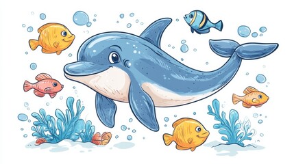 Obraz premium A cheerful dolphin swims among colorful fish and plants in a vibrant underwater scene, creating a playful and lively marine environment.