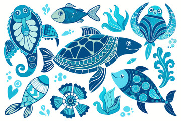 Hand-drawn Ocean Creatures with Decorative Patterns