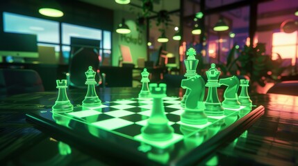 Obraz premium Strategic Business Moves: Modern Office Chessboard with Glowing Pieces for Success
