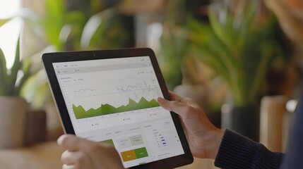 Female Caucasian analyzing data trends on a tablet in a green, indoor setting.