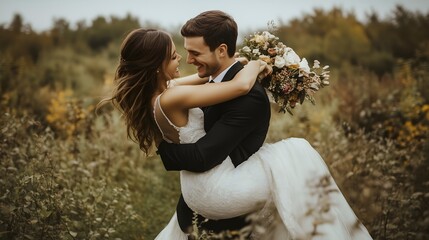 Sweet Hug of Romance as Husband Shares Romantic Love Outdoors - Carrying His Bride Through Nature's Summer Meadow in Elegant White Dress During Their Wedding Celebration of Happiness