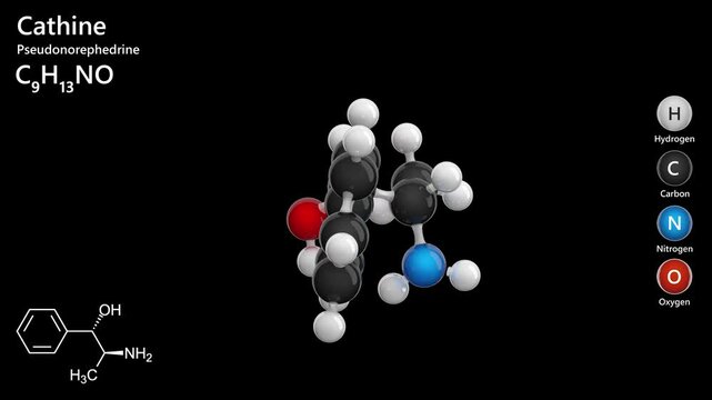Cathine. Animated 3D model of a molecule. Molecular formula: C9H13NO. Chemical model: Ball and stick. Stimulant. Black background. 3D rendering. Seamless loop.