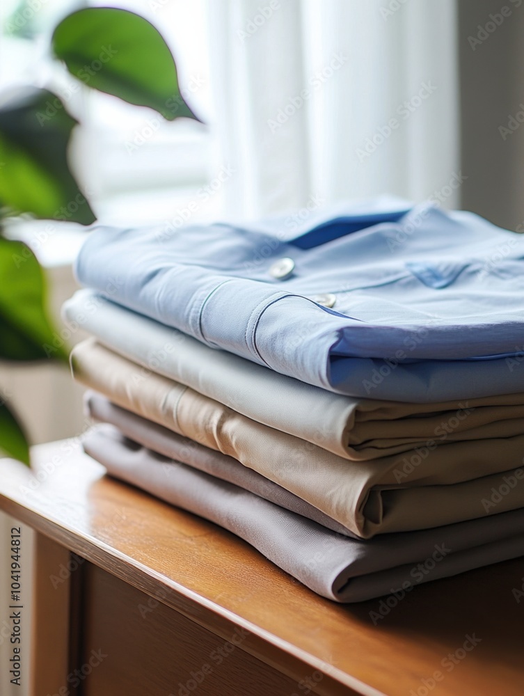 Poster a collection of neatly folded minimalist sportswear sits on a smooth wooden table, surrounded by sof