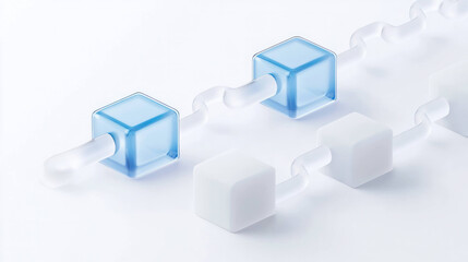 chain of geometric blocks in isometric view, featuring blue and white cubes connected by transparent links, creates modern and minimalist aesthetic