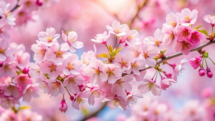Delicate pink cherry blossoms in full bloom against sky
