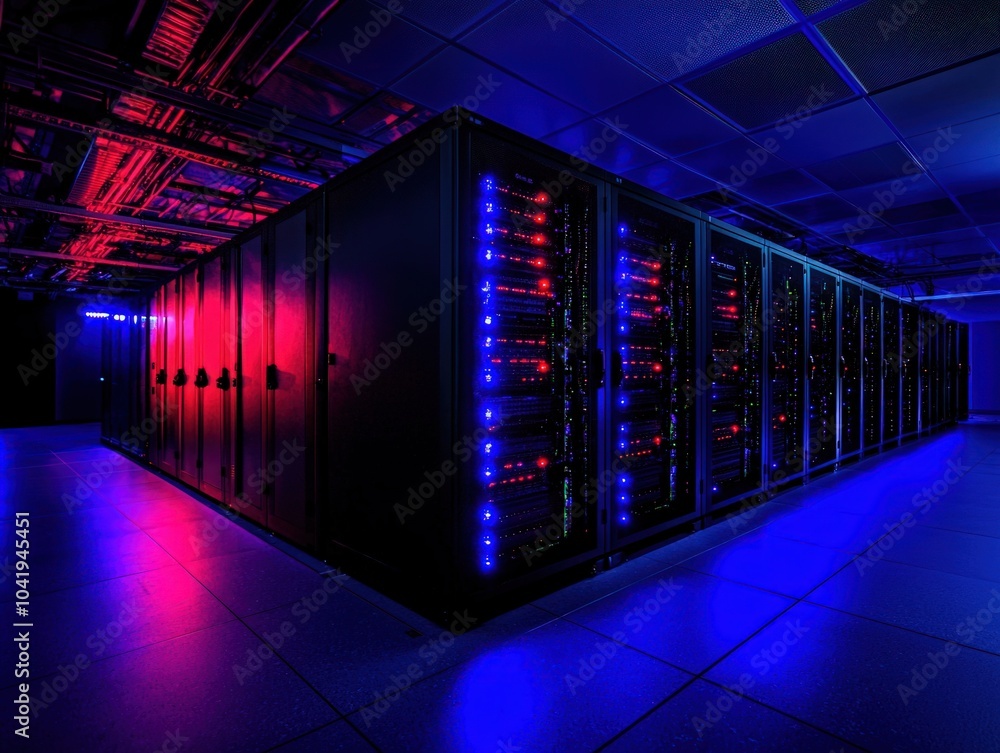 Poster illuminated data center with high-tech servers displaying vibrant red and blue lights