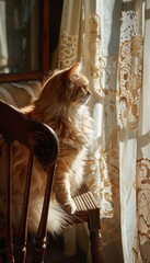 Elegant Persian Cat Relaxing on Vintage Chair with Lace Curtain Shadows in Sunlit Room