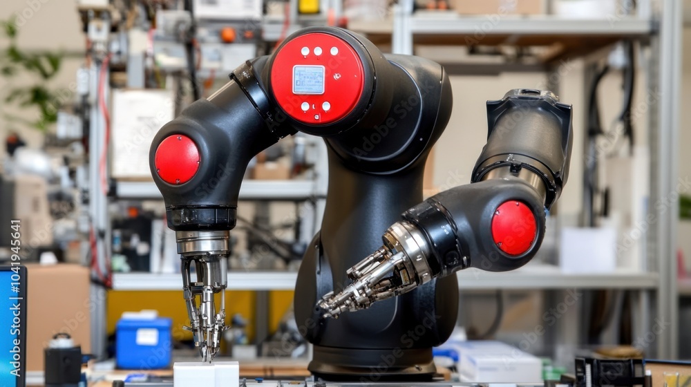 Aufkleber a robotic arm with two articulated joints designed for precision tasks in an industrial setting.
