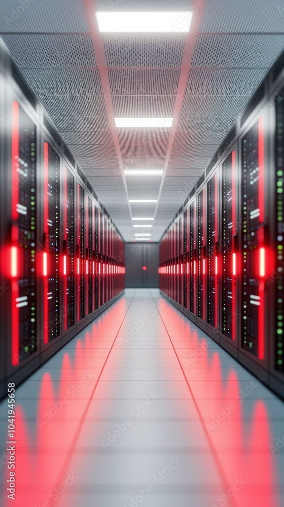 Poster exploring the futuristic data center a journey through high-tech server racks and led lights