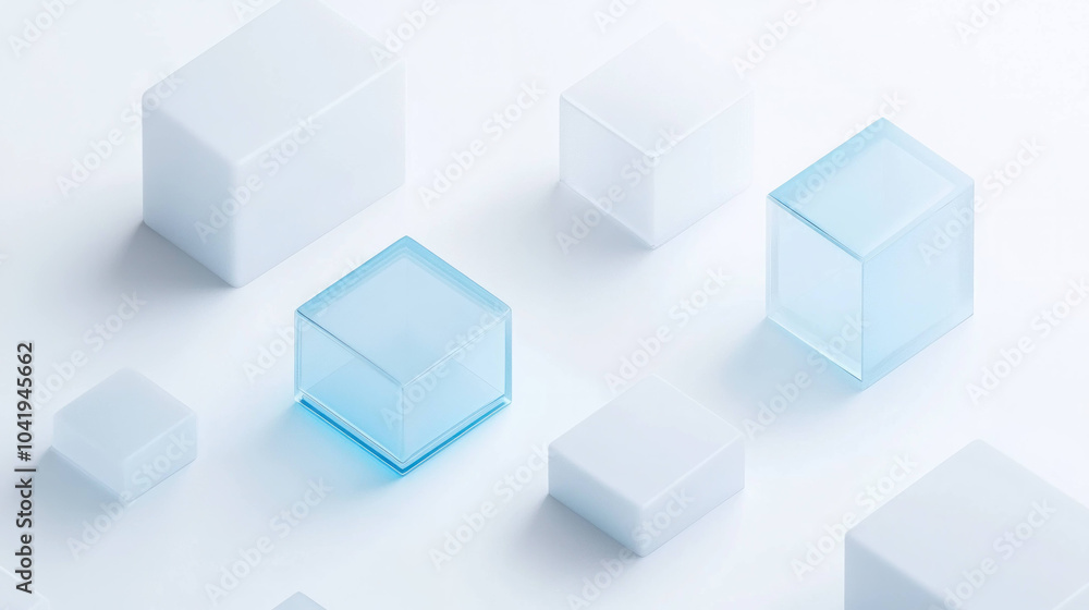 Fototapete minimalist design featuring interconnected translucent cubes in various sizes, creating serene and m