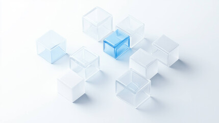 Clear and blue geometric blocks arranged on white surface create modern and minimalist aesthetic. interplay of transparency and color adds depth and interest to composition