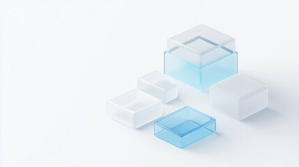 Isometric design of connected blocks in blue and frosted glass, showcasing modern and minimalist aesthetic. arrangement highlights transparency and geometric shapes, creating serene visual