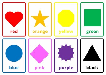Cards for children with geometric shapes and the name of the color. A worksheet with tasks for children. Developing logic, an educational game