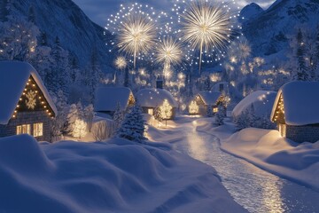 A cozy snow-covered village set in a valley, with a brilliant display of fireworks lighting up the Christmas night sky, casting shimmering reflections on the snow-covered rooftops and streets.