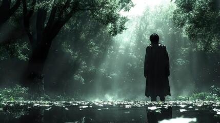 Fototapeta premium Mysterious Figure in a Foggy Forest