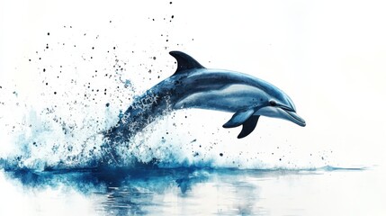 Fototapeta premium A dolphin leaps gracefully from the water, creating splashes against a serene blue backdrop, highlighting the beauty of marine life.