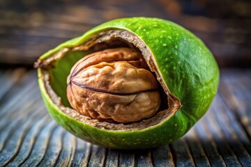 Delicate shell texture of green nut with cracked open revealing edible seed inside