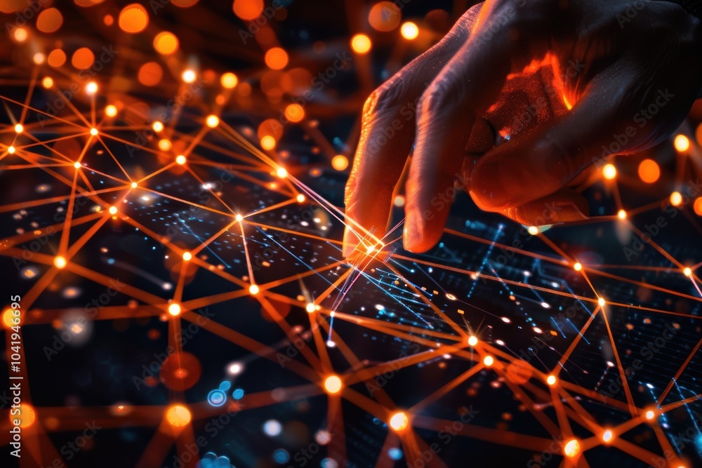 Aufkleber connecting business networks: hand interacting with digital web of glowing lines for technology
