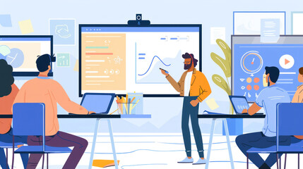 A passionate teacher leading a virtual classroom, interacting with students on a video call while using digital whiteboards for visual explanations