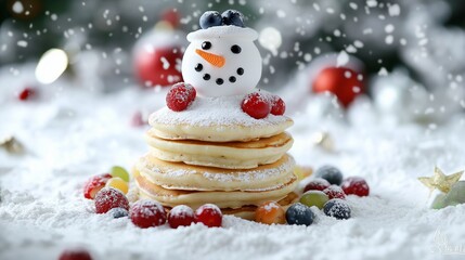 A creative Christmas breakfast featuring holiday-themed pancakes stacked to form a snowman, with powdered sugar snow and colorful berries as accents, all set in a whimsical wintery scene.
