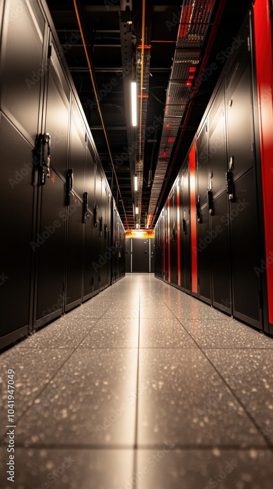 Poster exploring the depths of a modern data center a journey through server racks and technology
