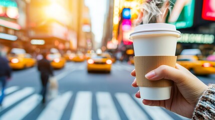 A hand holds a steaming coffee cup on a busy intersection with yellow taxis.