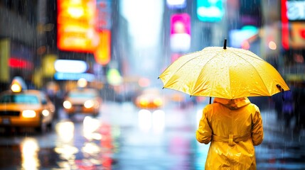 Obraz premium A woman in a yellow raincoat holding a yellow umbrella on a rainy city street.