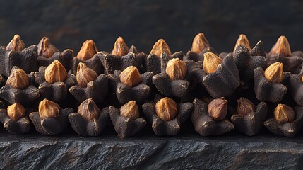 Close-up of dried star anise pods arranged in a row on a dark wooden surface.