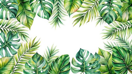 Delicate vintage watercolor frames with monstera leaves and rainforest branches Macro