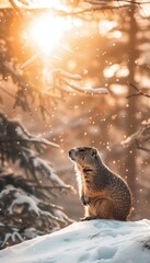 Obraz premium Charming Groundhog Day Card with Realistic Groundhog in Snowy Sunrise Forest Scene